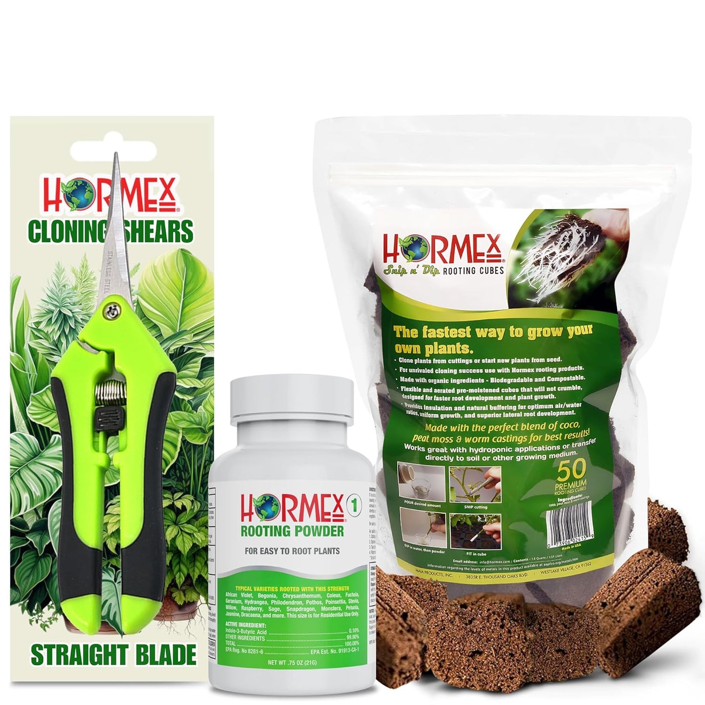 Hormex Rooting Powder #1, Rooting Cubes & Shears Combo - Rooting Hormone for Delicate Softwood Cuttings | Root Starter Cubes for Home & Garden Plants | Precision Straight-Blade Shears (50 Grow Plugs)