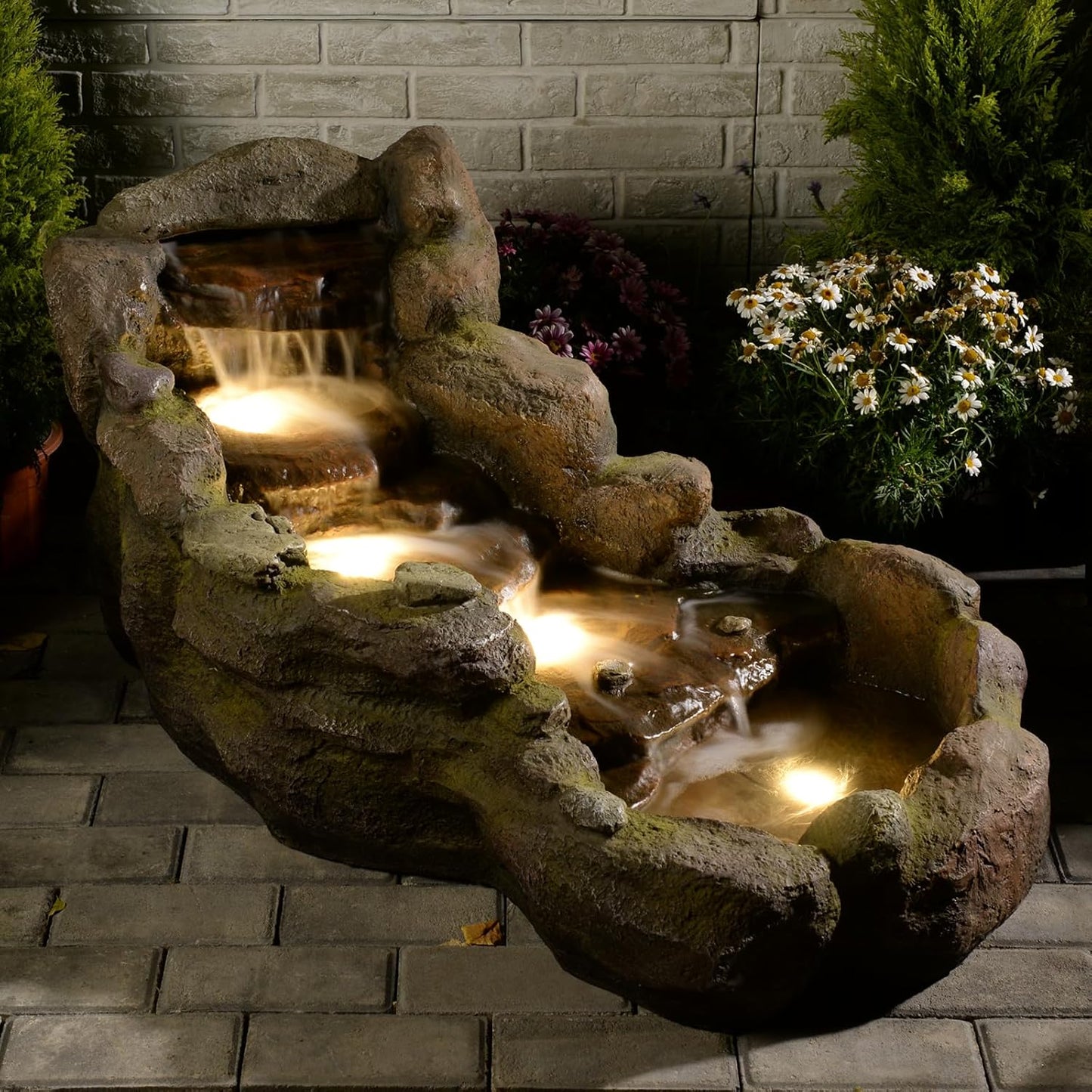42 in Natural-Style Tier Garden Rock Water Fountain Outdoor, Floor-Standing Fountains That Feature Gentle Waterfall and LED Lights for Patio, Backyard, Deck, Porch, Home Décor