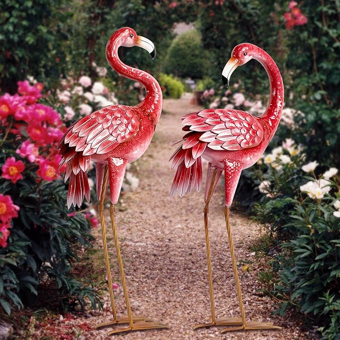 Kircust Flamingo Garden Statues and Sculptures, Metal Birds Yard Art Outdoor Statue, Large Pink Flamingo Lawn Ornaments for Home, Patio, Backyard Decor (2-Pack)