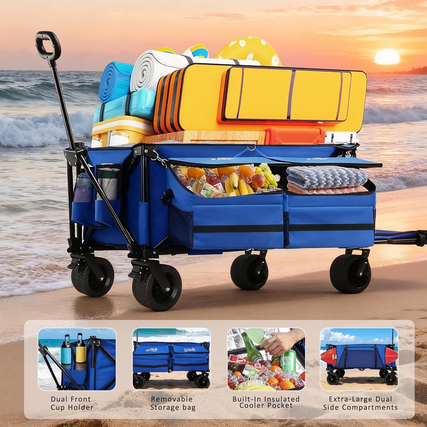 Beach Wagon with Big Wheels for Sand,260L Expandable Storage,Heavy Duty Foldable Beach Cart with 460lbs Capacity,Collapsible Utility Wagon with All-Terrain Wheels for Camping,Sports(Blue)