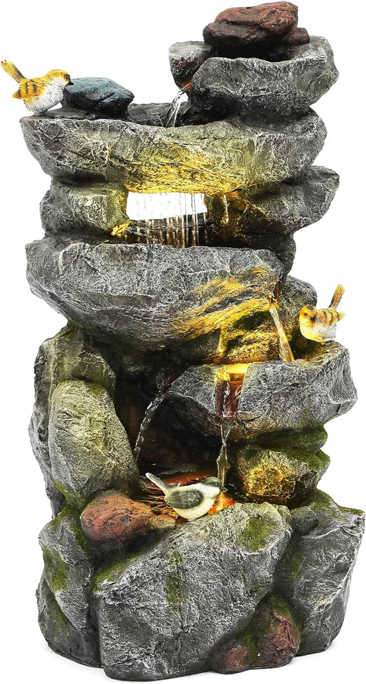 31.5" H Multi-Tier Rock Outdoor Water Fountain with LED Lights and Pump, Garden Fountain Waterfall for Patio, Porch, or Yard
