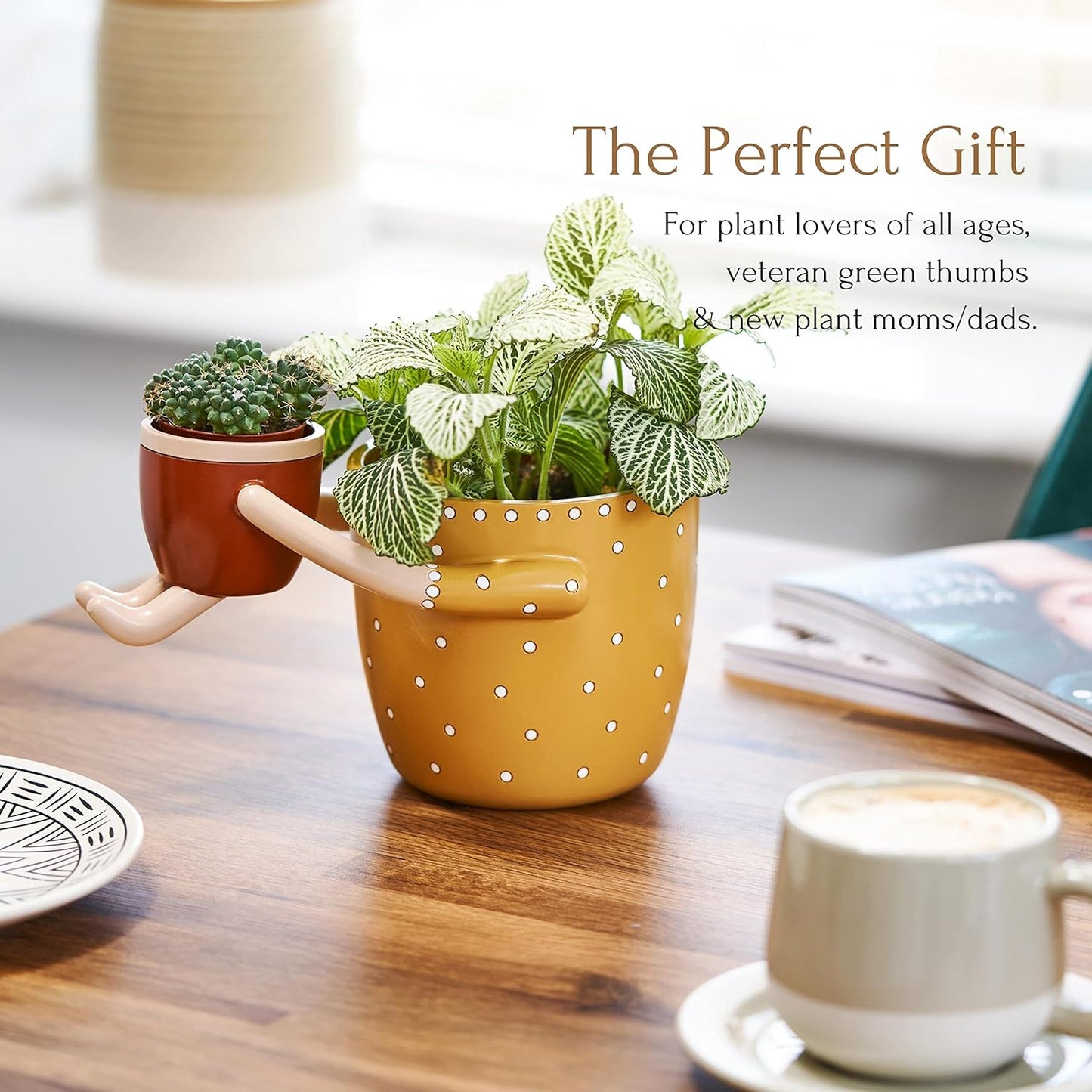 VIRTUNE Adorable Plant Pots. 5" Flower Pot & 2" Small Pot with Drainage. Gifts for Plant Lovers, Small Plant Pots, Cute Pots for Plants (Mustard)