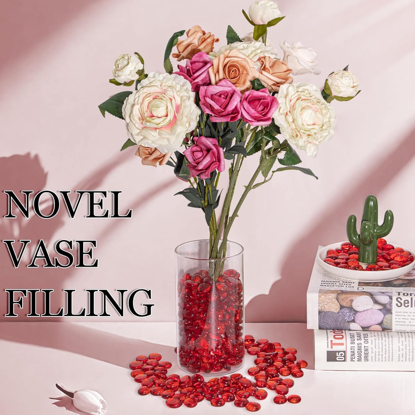 Meschett 50PCS Mini Glass Gems,Red Mancala Stones Flat Bottom Marble Beads for Home Decorative Art Craft Vase Filler(0.5"~0.7")