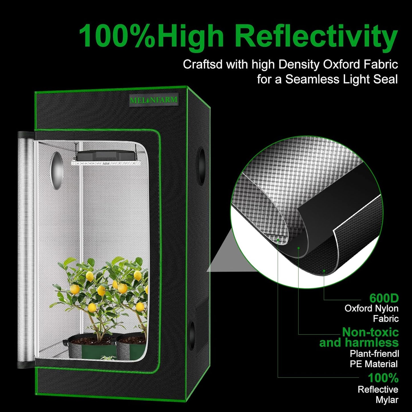 MELONFARM 2x2 Grow Tent, 24"x24"x36'' High Reflective 600D Diamond Mylar Canvas with Observation Window and Floor Tray for Hydroponic Indoor Plant Growing