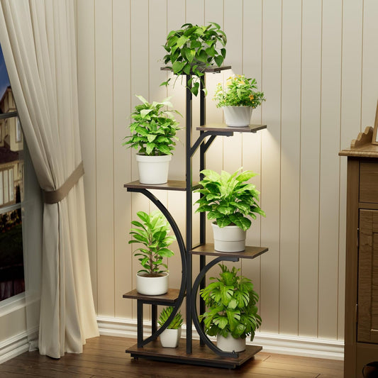 Plant Stand with Grow Lights Indoor, 6 Tiered Plant Shelf, 45" Corner Display Storage Shelf, Curved Design Flower Stand for Living Room, Bedroom, Patio Decor, Black