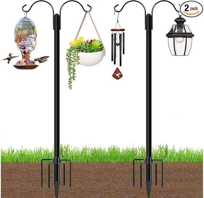Ottsuls Bird Feeder Pole, 2 Pack 76 INCH Double Shepherds Hooks for Outdoor, with 5 Base Prongs Heavy Duty Tall Garden Planter Hooks for Hanging Flower Basket, Lantern, Hummingbird Feeder