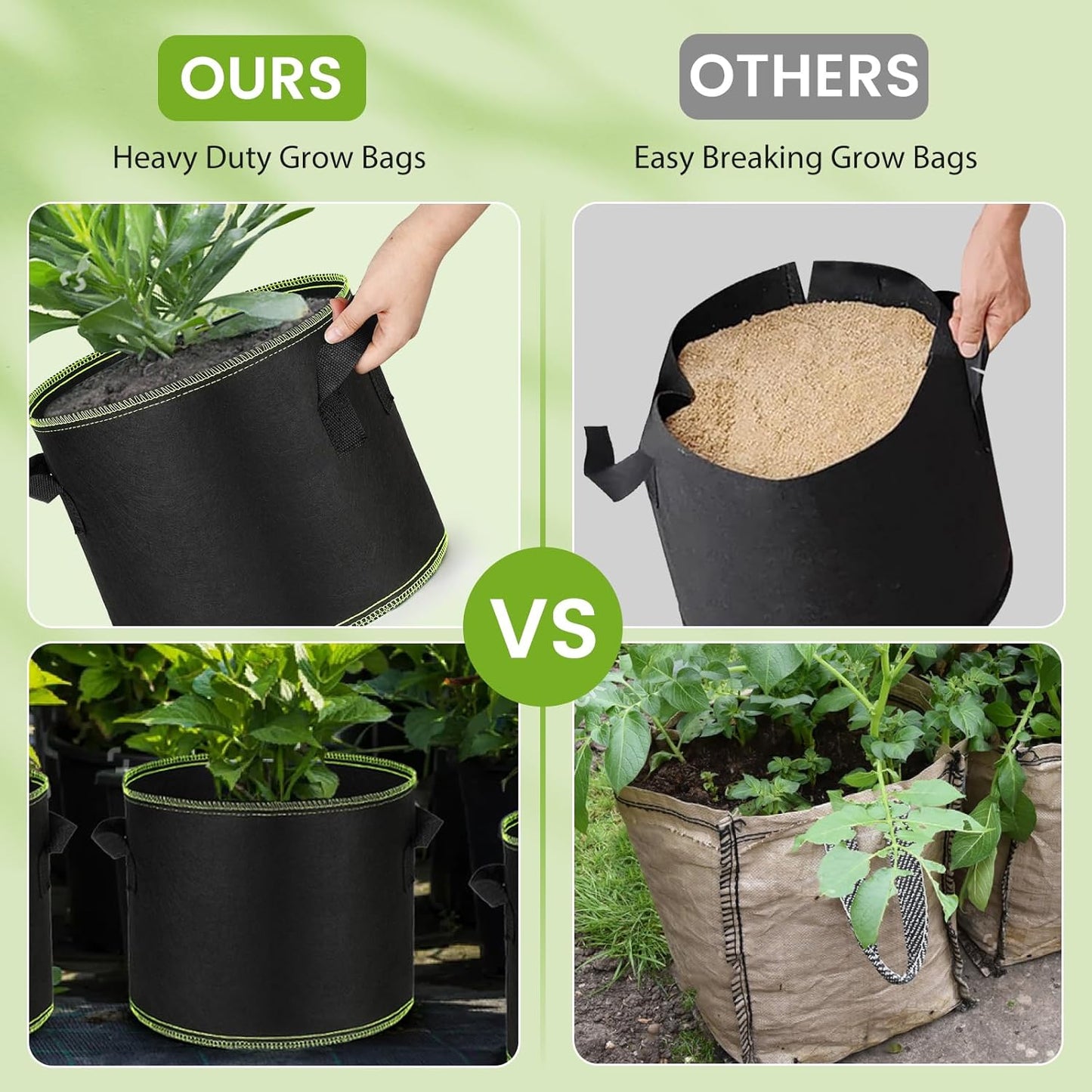 Grow Bags 5 Gallon10Pcs Heavy Duty 300G Fabric Pots for Plants,Thickened Nonwoven Garden Bags for Vegetables,Large Nursery Pots,Tomato, Green Line Border (5 Gallons)