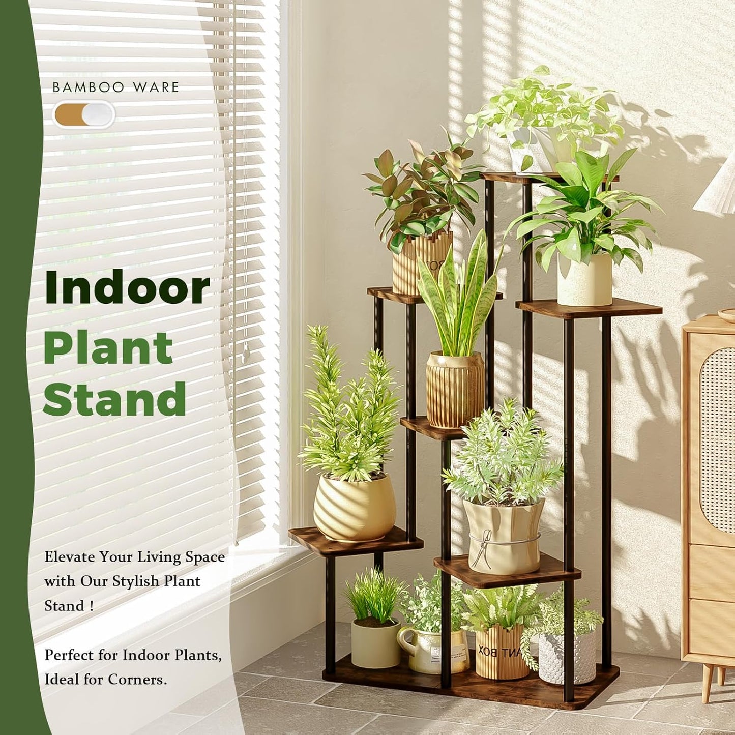 Tall Plant Stand Indoor 7 Tiered Plant Shelf for Multiple Plants Coner Shelf Stand Wood Plant Stand Metal Shelving for Living Room Bedroom Balcony Patio Brown Oak