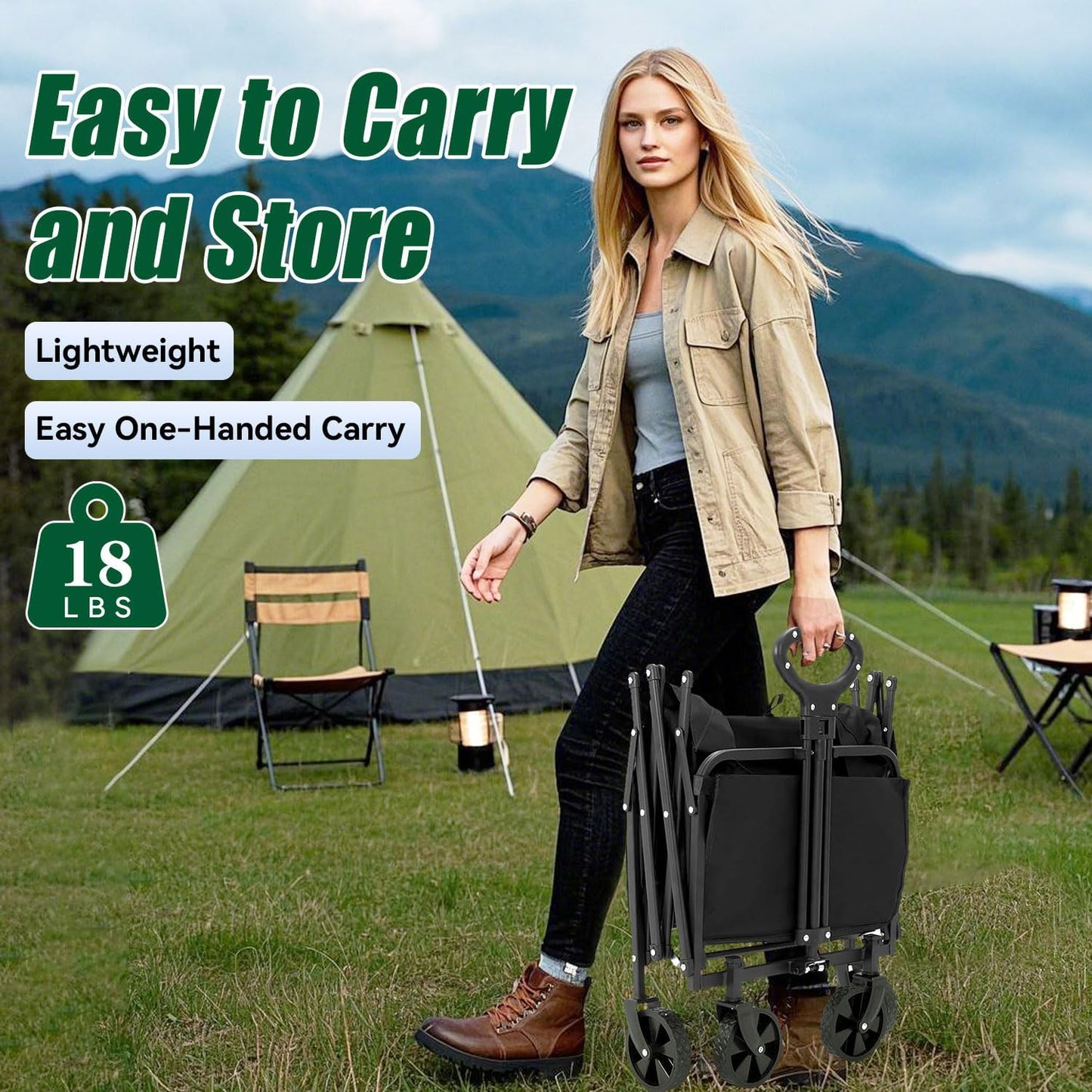 Collapsible Wagon Cart Foldable with Tailgate, 47" L 480lbs Capacity, Heavy Duty Beach Wagon with Wheels Brake, Shopping Carts for Grocery, Camping, Beach, Garden Cart