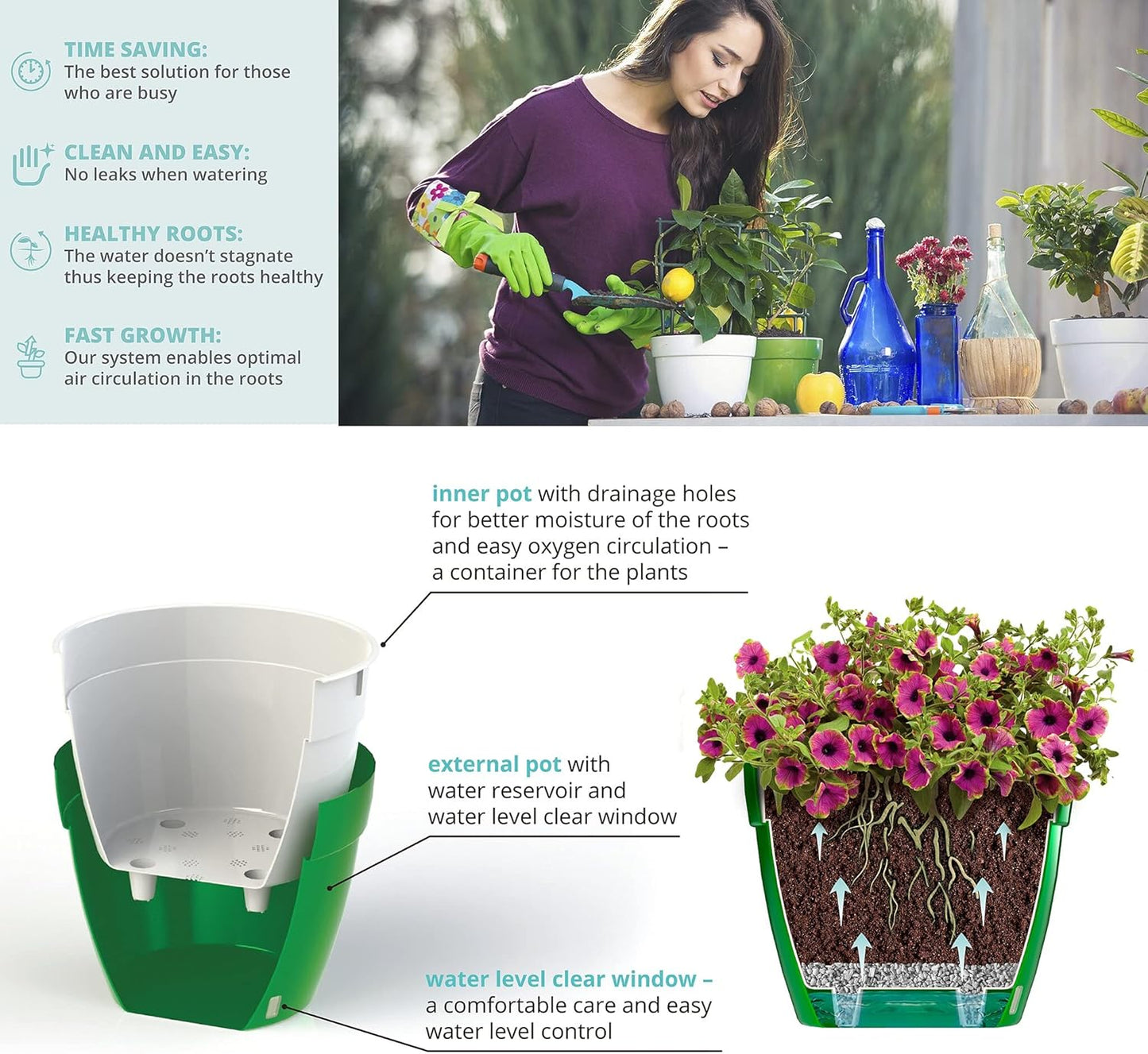 Santino ASTI 7.1 Inch Self Watering Planters Gold/Black (Set of 3) for Indoor Plants - Premium Quality Modern Plastic Pot w/Water Level Indicator for All House Plants, African Violets and Dahlias