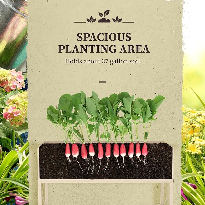 Outsunny Raised Garden Bed with Galvanized Steel Frame, Storage Shelf and Bed Liner, Elevated Planter Box with Legs for Vegetables, Flowers, Herbs, Cream