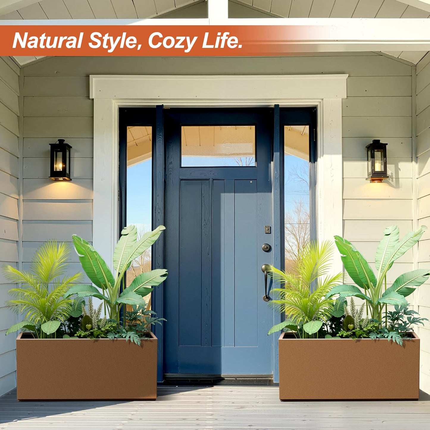 Metal Rectangular Planter for Outdoor Plants, Coated Large Planter Box with Drainage, Outdoor Patio PLanters with Sturdy Thickened Material for Yard, Garden