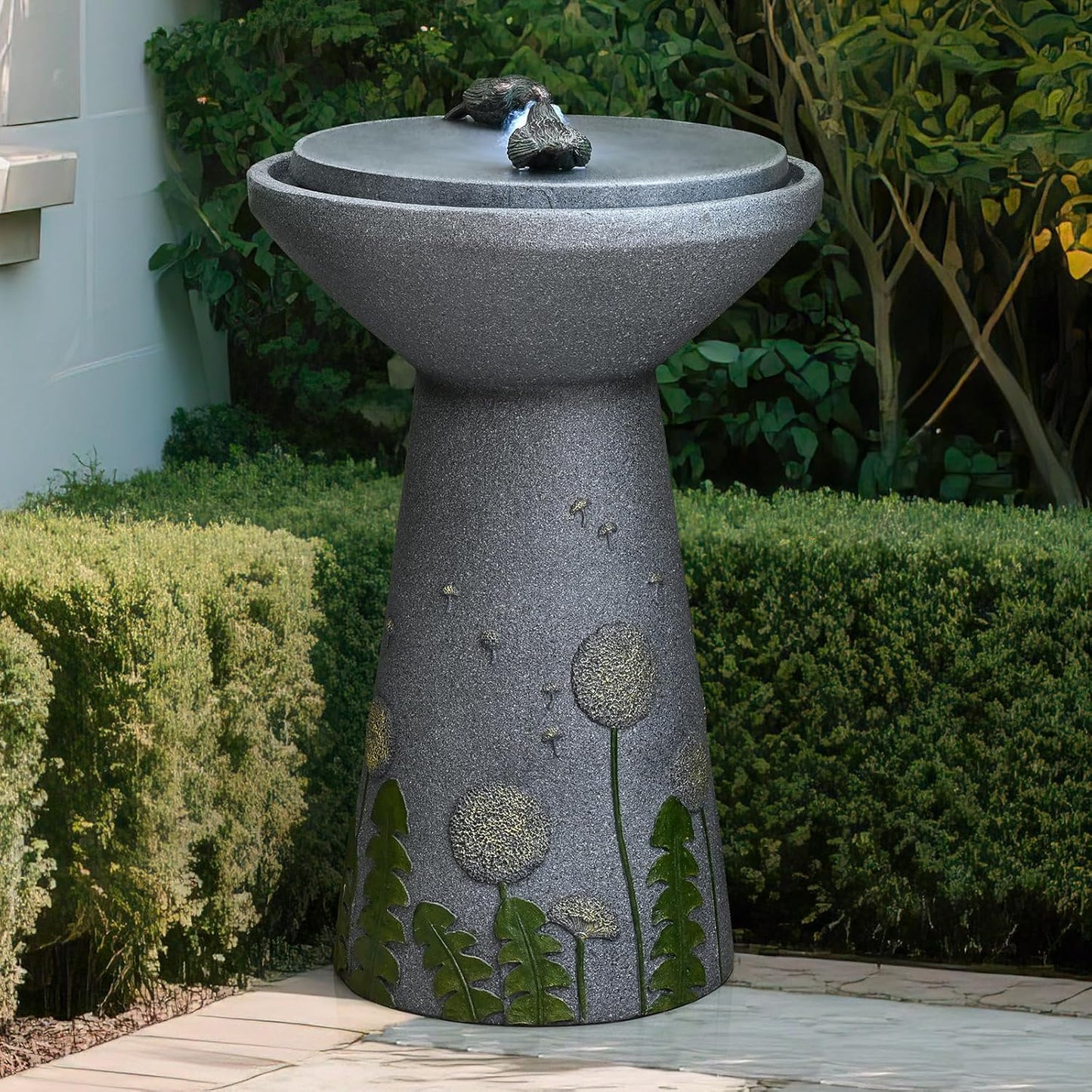 30.7" Outdoor Garden Floor-Standing Water Fountain with LED Light and Pump, Two Birds Embossed Pattern Pedestal Ceramic Watefall for Patio, Backyard, Deck, Porch and Home Art Decor (30.7" Two Birds)