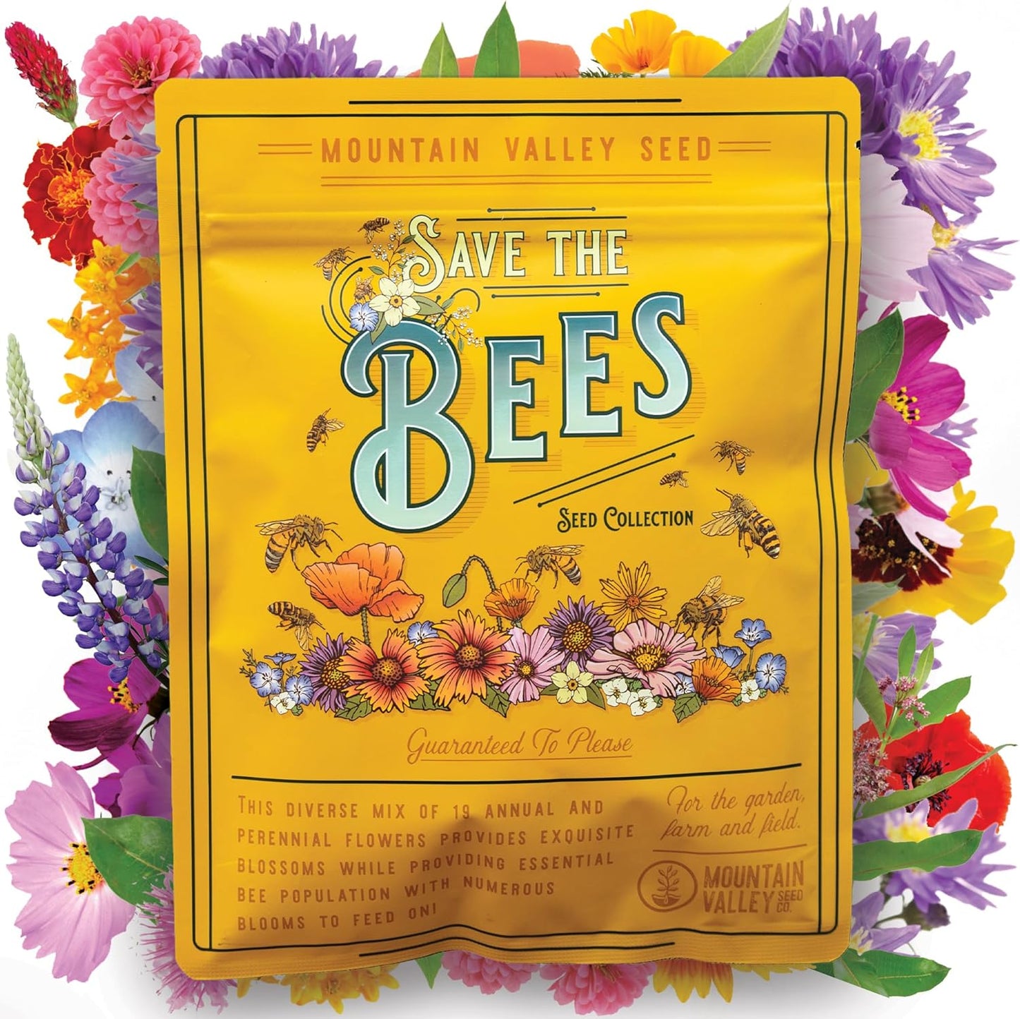 Wildflower Seeds Bulk, 2 Oz. 80,000+ Seeds – Save The Bees Mix with 19 Non-GMO Varieties – Bee Friendly & Pollinator Wildflower Seed for Planting