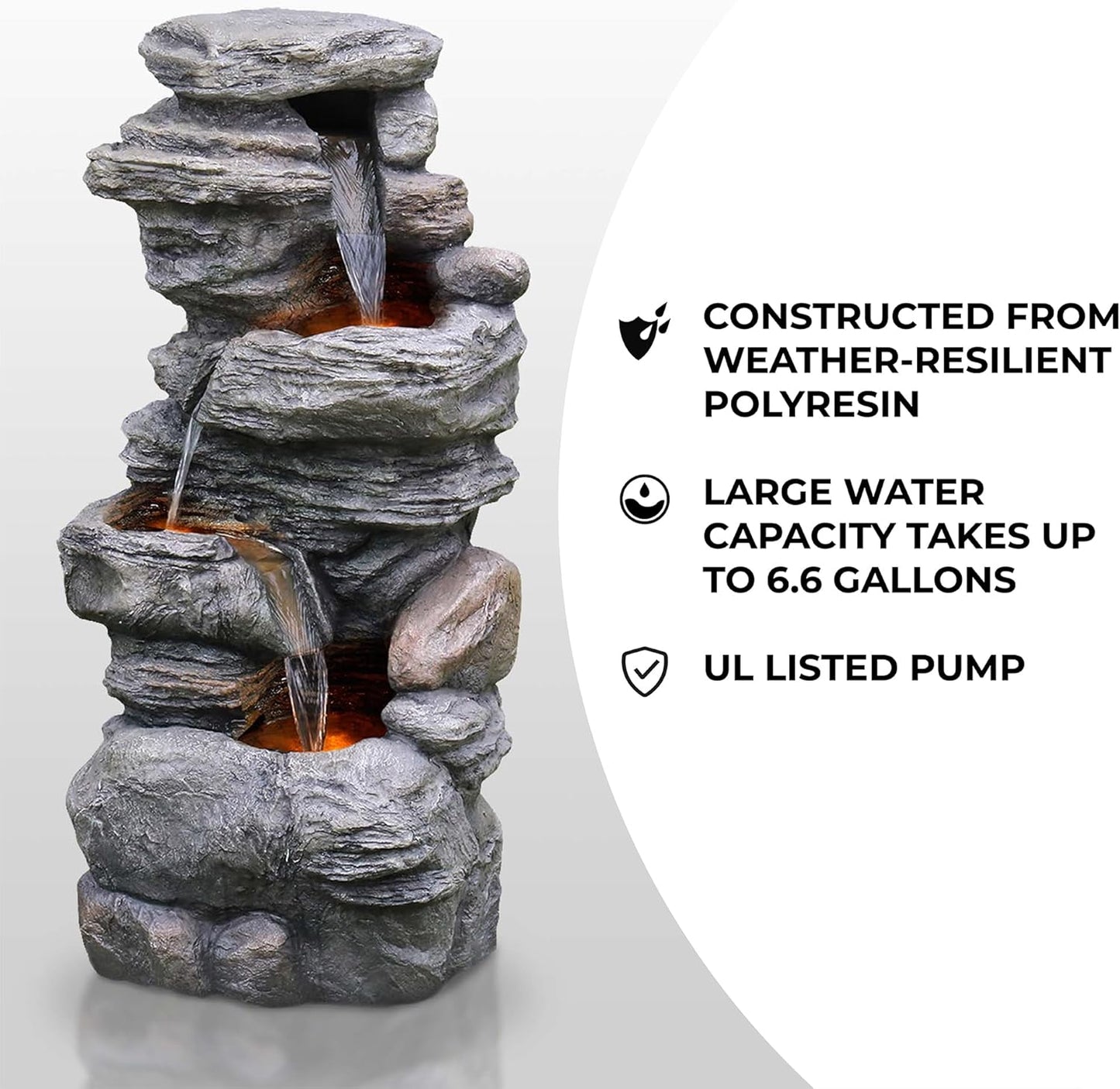 Teamson Home 39.37 in. Outdoor Faux Stacked Stone 4-Tier Water Fountain with LED Lights and Pump, Gray