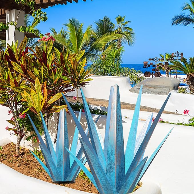 Enlarge Metal Plants Tequila Rustic Sculpture, Outdoor Patio Yard, Home Decor Hand Painted Agave Garden Statue, Outdoor Lawn Ornaments Yard Stakes for Mom Gift (1 Large Blue)