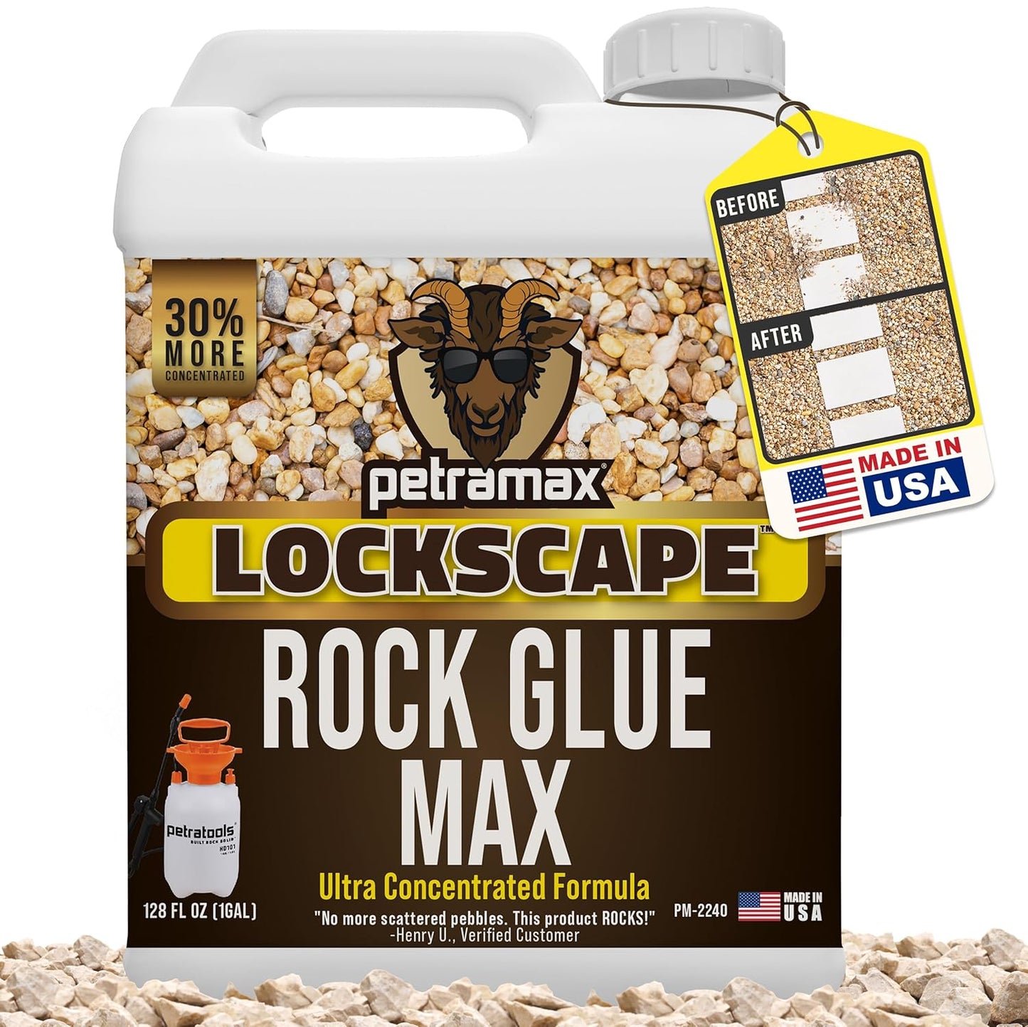 Petra Max Rock Glue for Landscaping, 1 Gallon - Wide Coverage & Pet Safe Mulch Glue for Rocks - Lockdown Gravel/Pebbles/Stones - Sticky Clear Gravel Binder & Decomposed Granite Stabilizer