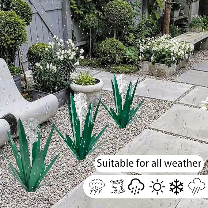 Metal Agave Plant Garden Art, 2 Pack Tequila Rustic Sculpture, Rustic Metal Agave Plants Garden Lawn Home Ornaments, for Yard Stakes, Garden Figurines, Outdoor Patio (2 PCS White Flowers)