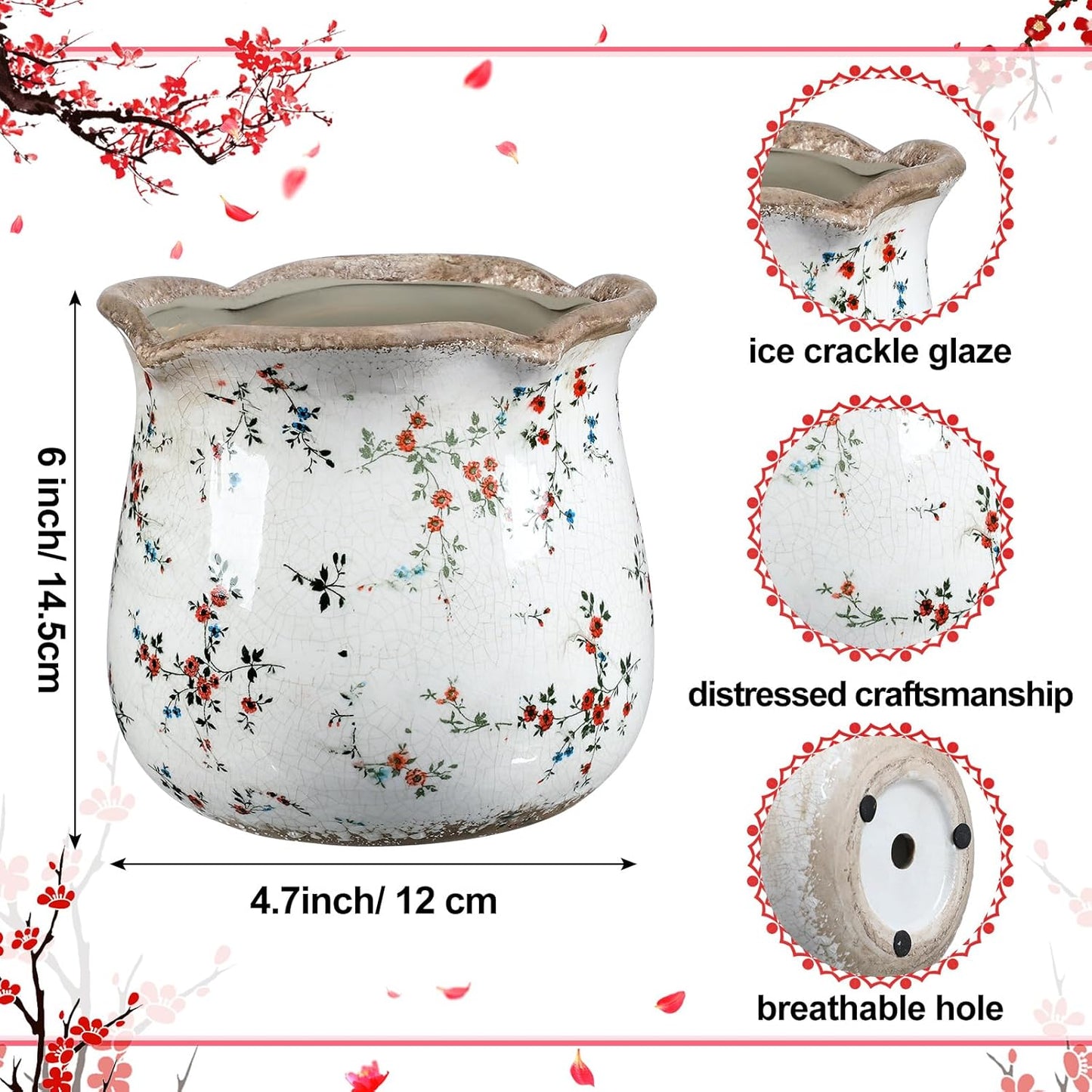 Newtay 6 Inch Ceramic Plants Pots Vintage Ceramic Flower Planters Crackle Glaze Finish Flower Pots Decorative Floral Vintage Planters for Living Room Garden Home Decor Gifts(Cute)