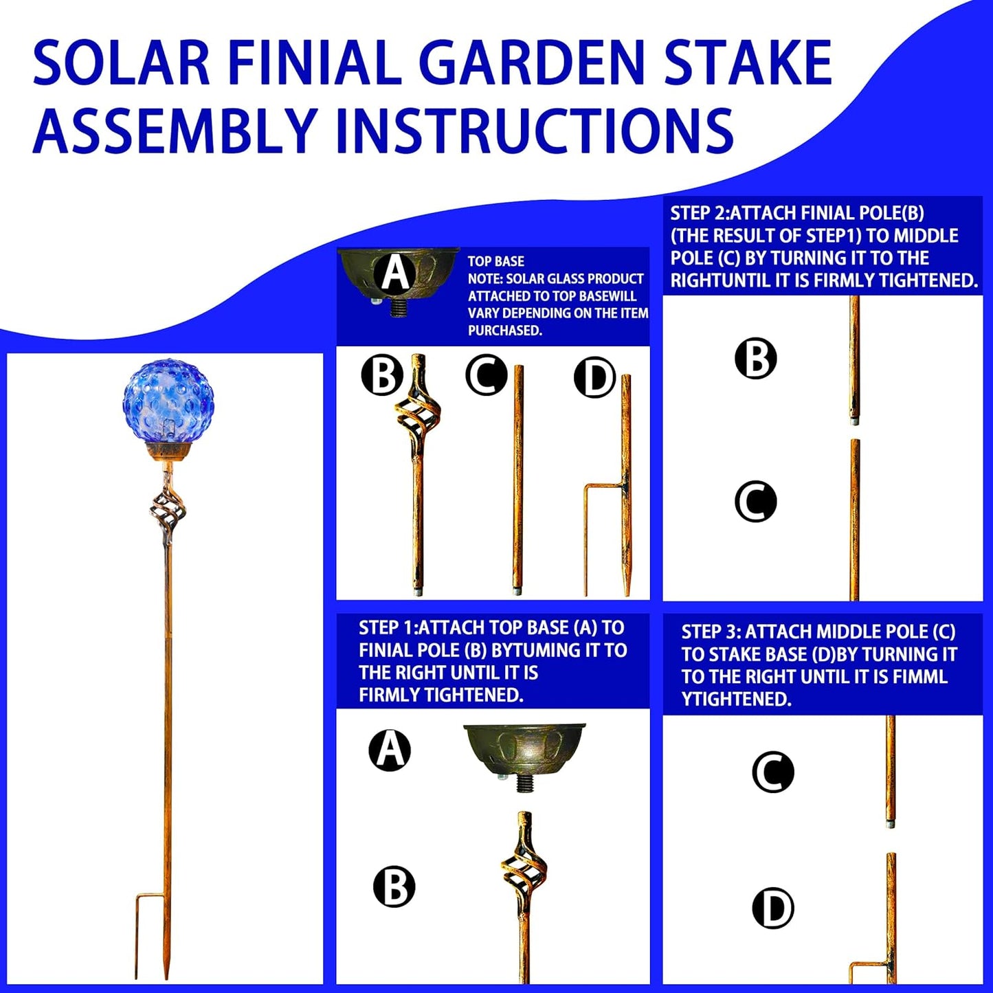 Garden Solar Lights Outdoor, Decorative LED Honeycomb Glass Ball Garden Stake, Glass and Metal Outdoor Decoration, 4 x 31 Inch (Dark Blue)