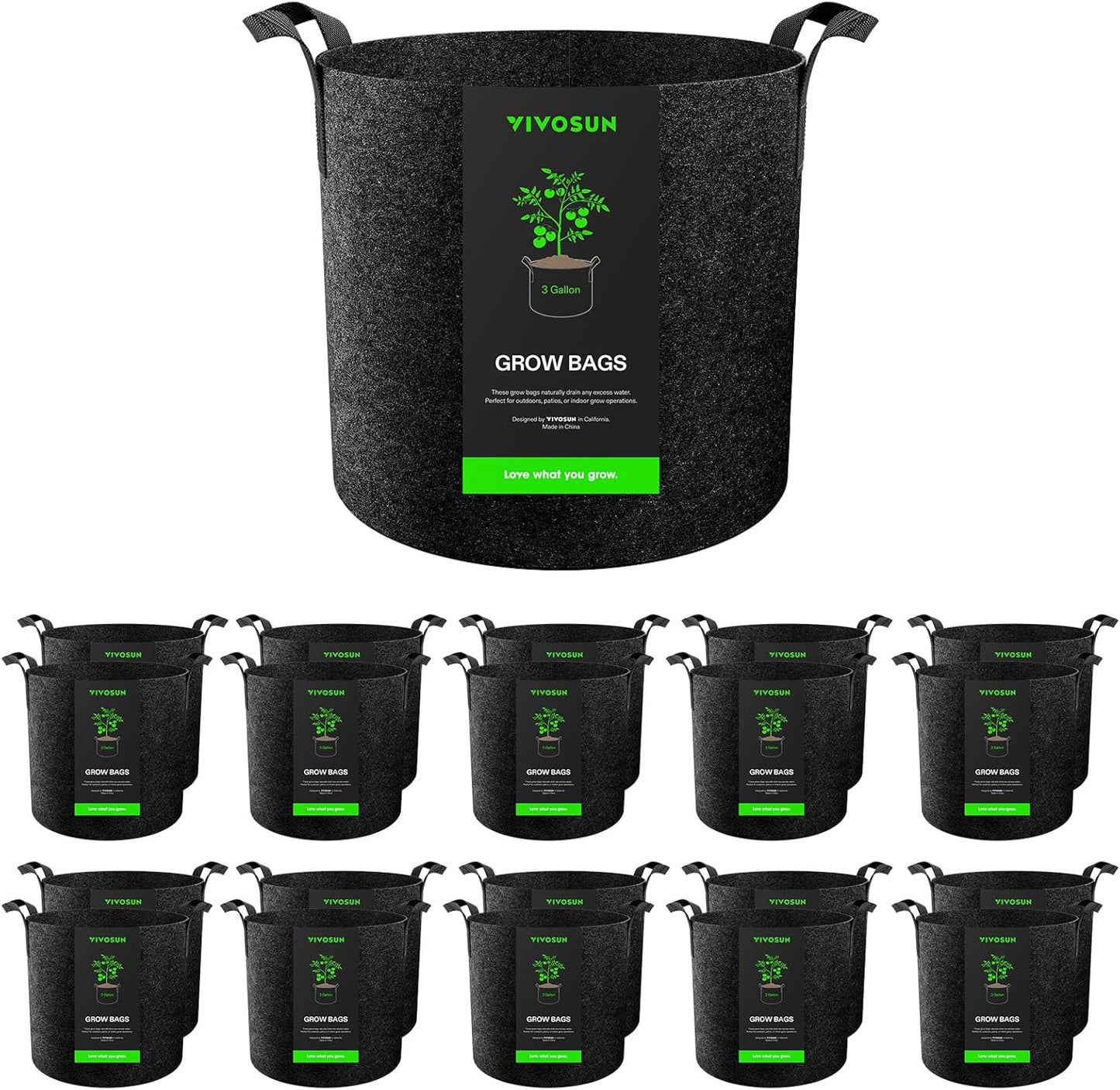 VIVOSUN 20-Pack 3 Gallon Grow Bags, Heavy Duty Thickened Nonwoven Fabric Pots with Handles for Flowers Fruits and Vegetables Black