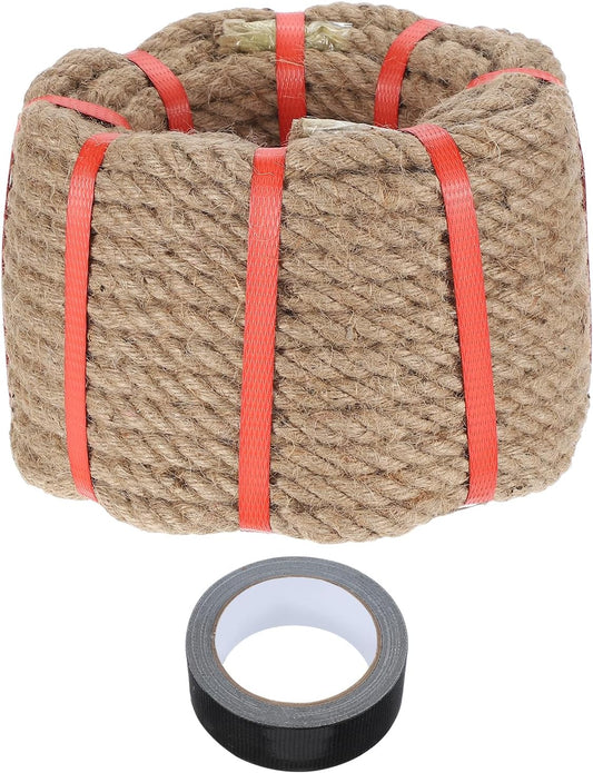 MECCANIXITY Jute Rope 0.55 Inch x 75ft, Thick Twine Rope Ropes Braided Jute Twine Natural Brown Burlap Cord String Heavy Twisted with Tape for Decorative Crafts Railing Swing Tug of War