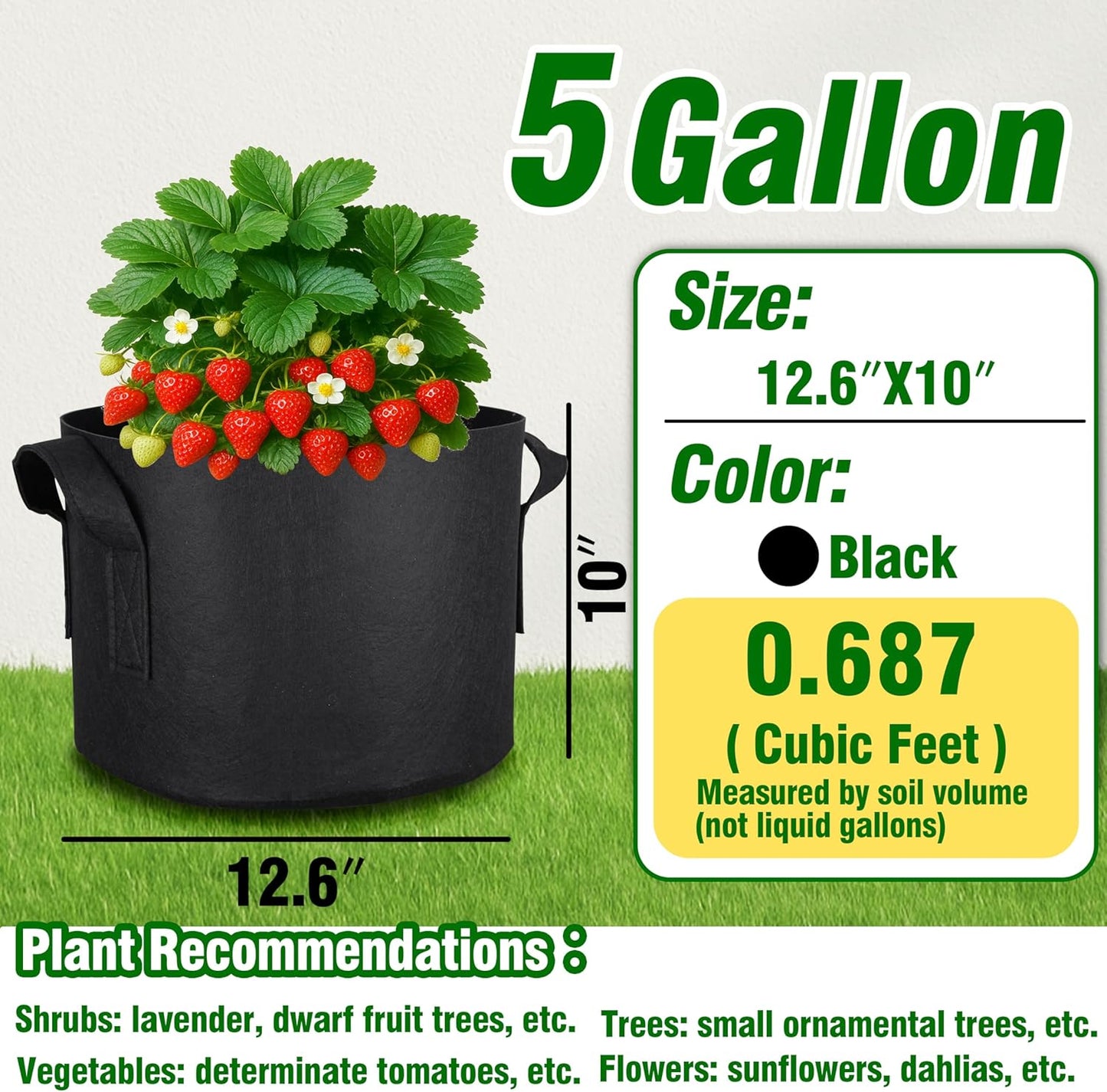 PHYEX 12-Pack 5 Gallon Grow Bags, Heavy Duty Fabric Pots with Handles, Reusable Plant Bags for Vegetable, Herbs & Flowers, BPA-Free, Breathable, Durable