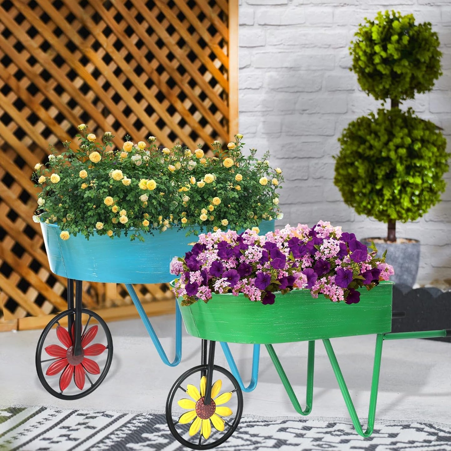 BAYN Metal Wheelbarrow Flower Cart Planter, 2 Packs Plant Stands with Triangular Support Handles Non-Rolling Wheel Vintage Wagon Planter Pots for Home Patio Garden Backyard Rustic Outdoor Decor