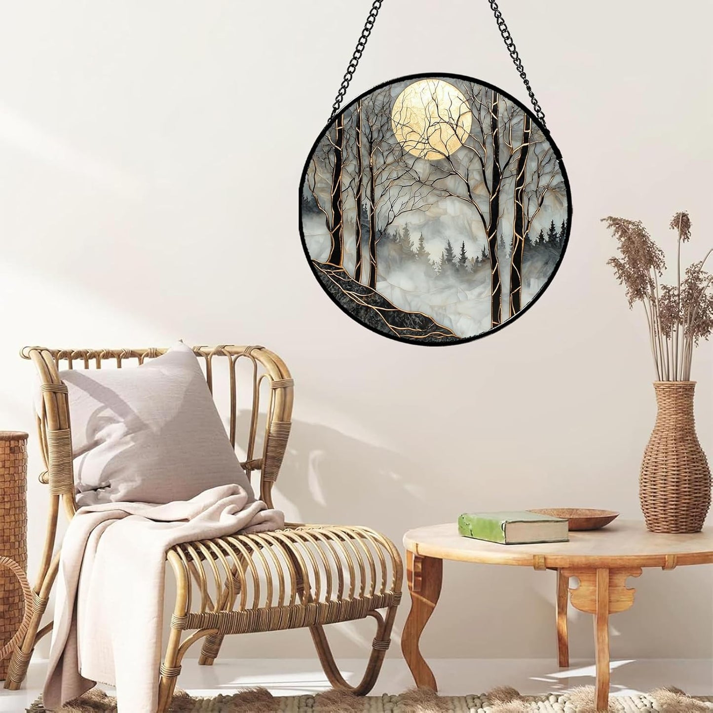 Stained Glass Window Hanging - Black and White Gold Moon Forest Sun Catcher for Door Home Decor Suncatcher Christmas Mother's Day Birthday Gifts for Women Men Lovers Mom Nana 6.3 in