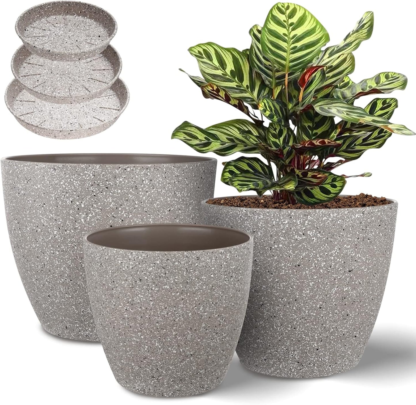 Vanavazon Plant Pots 9/8/7 Inch Set of 3 Flower Pots Indoor Outdoor Plastic Planters with Drainage Hole and Tray (Speckled Beige)
