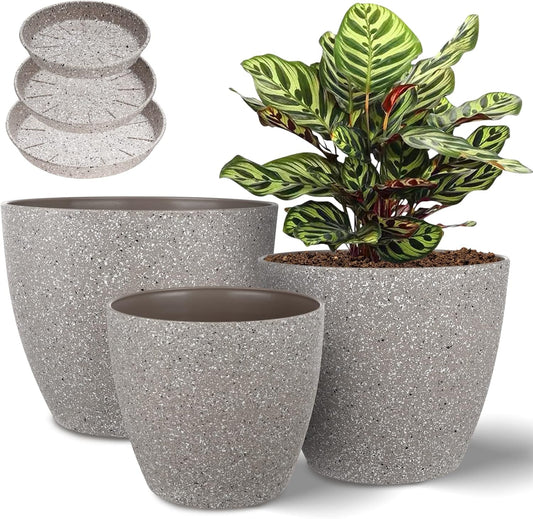 Vanavazon Plant Pots 9/8/7 Inch Set of 3 Flower Pots Indoor Outdoor Plastic Planters with Drainage Hole and Tray (Speckled Beige)