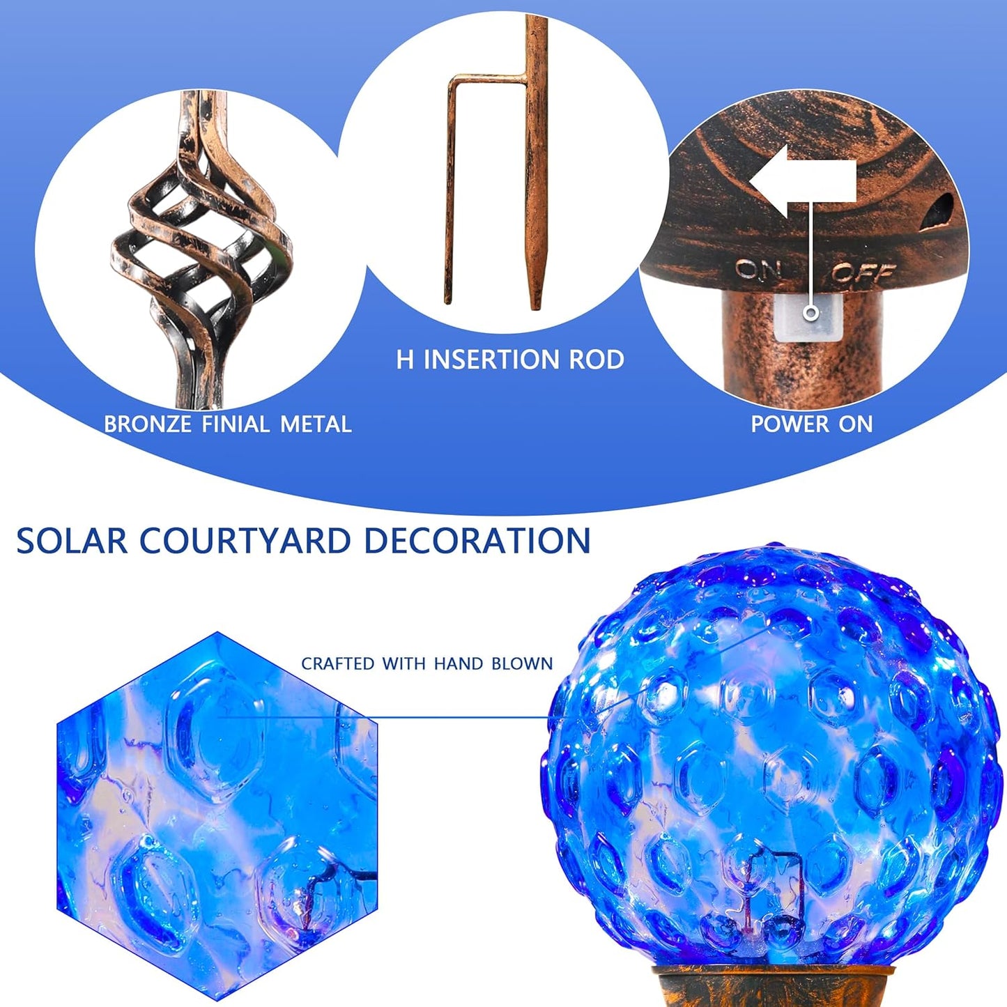 Garden Solar Lights Outdoor, Decorative LED Honeycomb Glass Ball Garden Stake, Glass and Metal Outdoor Decoration, 4 x 31 Inch (Dark Blue)