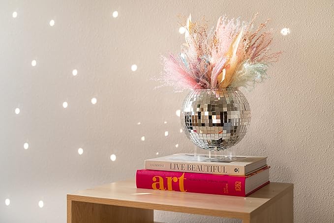 Hanging Disco Ball Planter 8" - with Acrylic Stand and Macrame Plant Hanger - Home Décor, Room Décor, Patio or Boho Décor, Mirror Disco Planter, Disco Decor (8" with Base)