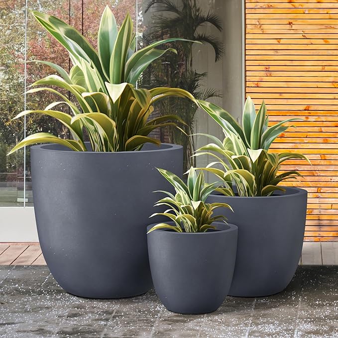 Kante 18",14",10" Dia Concrete Round Planters (Set of 3), Outdoor Indoor Large Planter Pots with Drainage Hole and Rubber Plug for Home Patio Garden, Charcoal