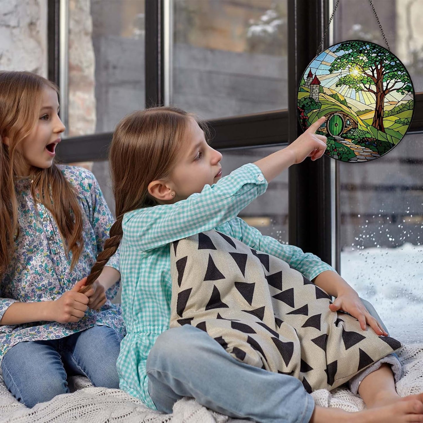 Shire Sun Catcher Stained Glass Window Hanging Gifts for Countryside Lover Women Scenery Wall Decor Handmade Sun Catcher Decoration for Home Garden Housewarming Gifts