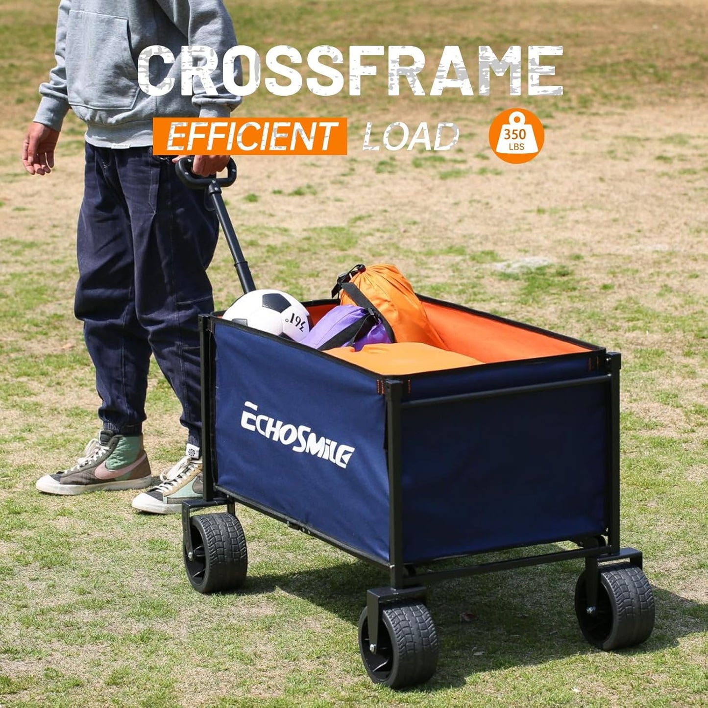 EchoSmile Collapsible Folding Wagon Cart with All-Terrain Wide Wheels, Heavy Duty Garden Cart with 350lbs Capacity,Portable Lightweight Rolling Wagon Cart for Camping Beach Sports Shopping,Blue