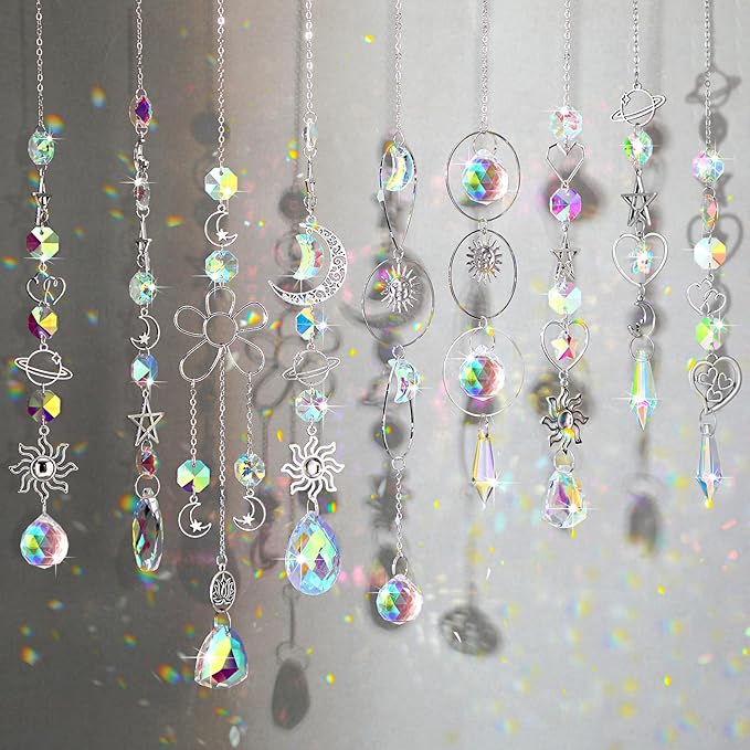 Maitys 9 Pcs 6 Pcs Crystal Suncatcher Sun Catchers Indoor Window Hanging Sun Catchers with Light Catcher with Prisms and Agate Slices for Indoor Outdoor Home Garden Wedding Decor (Elegant)