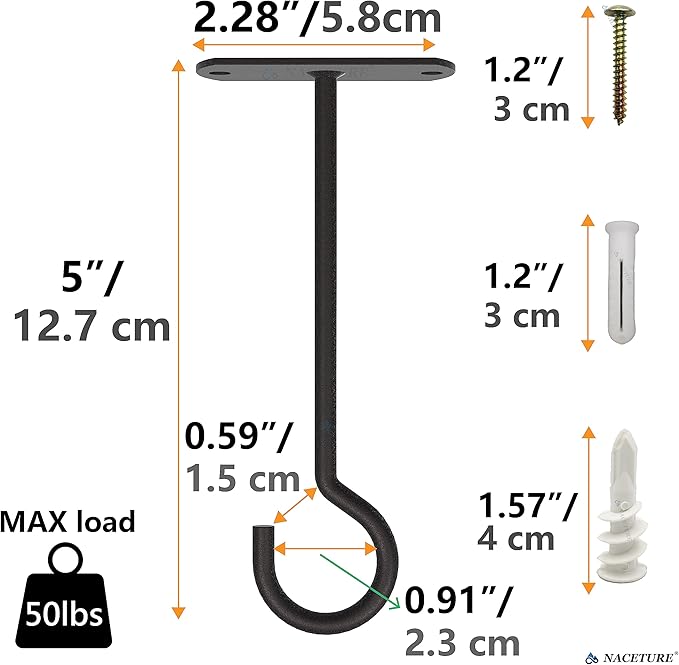 NACETURE Plant Ceiling Hooks Hanging Basket 2 Pack - Hanging Plant Hooks Indoor Wall Hanger for Decorative Home, Kitchen, Wreath Hangers for Fall Porch Decor (5" Black 2 Pack)