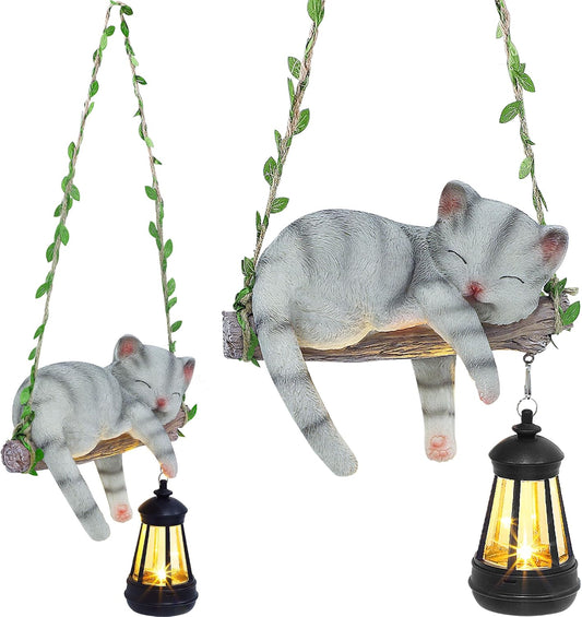 Solar Lighted Garden Outdoor Statue, 22.6" H Hanging Swing Lying with A Sleeping Cat and A LED Lantern, Resin Animal Figurine Hanging Ornaments with Hook for Decoration & Gift