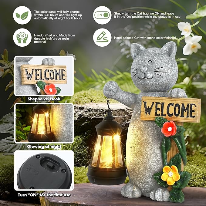 Solar Cat Statue with Solar Lantern-Outdoor Garden Décor, LED Lighted Kitty Figurine for Patio, Lawn,Yard-Valentine's Day, Birthday Gifts for Mom,Grandma,Cat Lovers