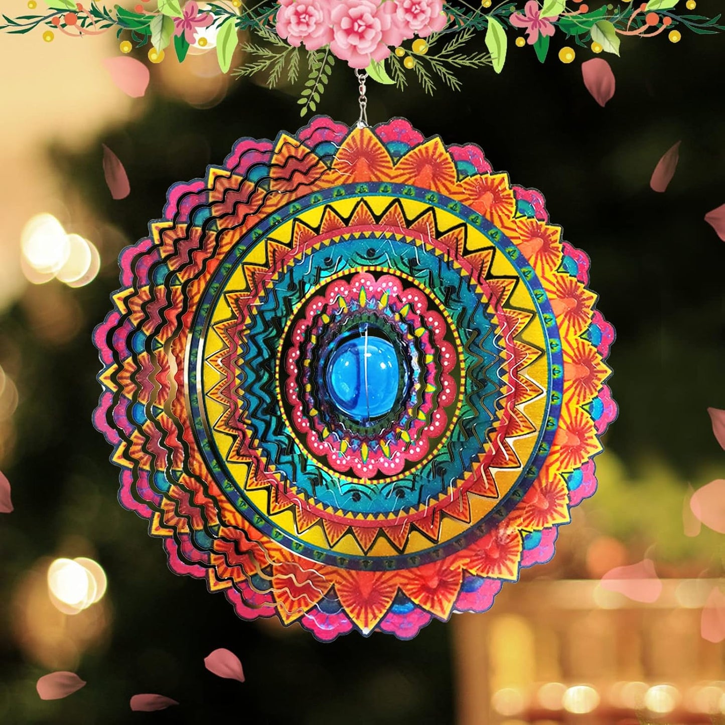 FONMY Wind Spinner 3D Stainless Steel Christmas Decoration Room Decor Indoor/Outdoor Garden Decoration Hanging Ornaments Kinetic Yard Art Decorations 12 inches Multi Red Mandala Wind Spinners