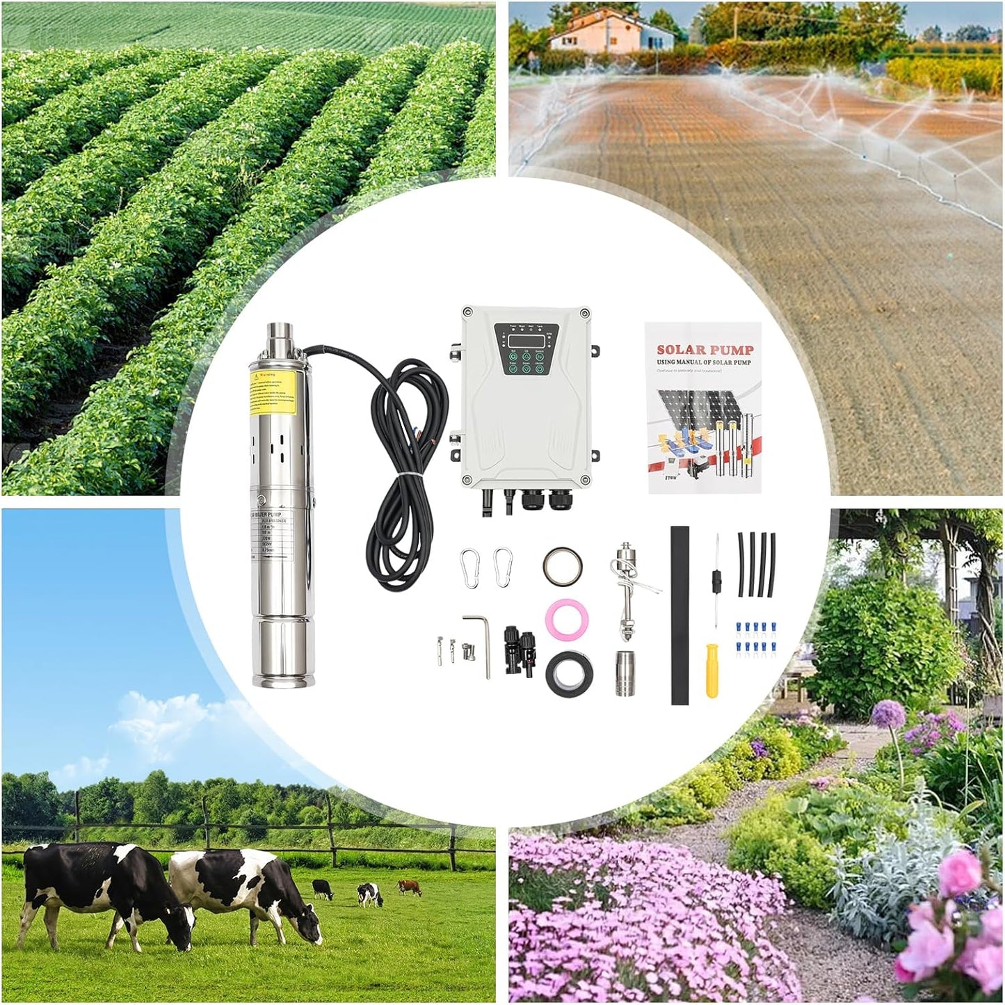 3 Inch Solar Water Pump Submersible Well Deep Bore Screw Well Garden Irrigation Kit with MPPT Controller (24V 270W)