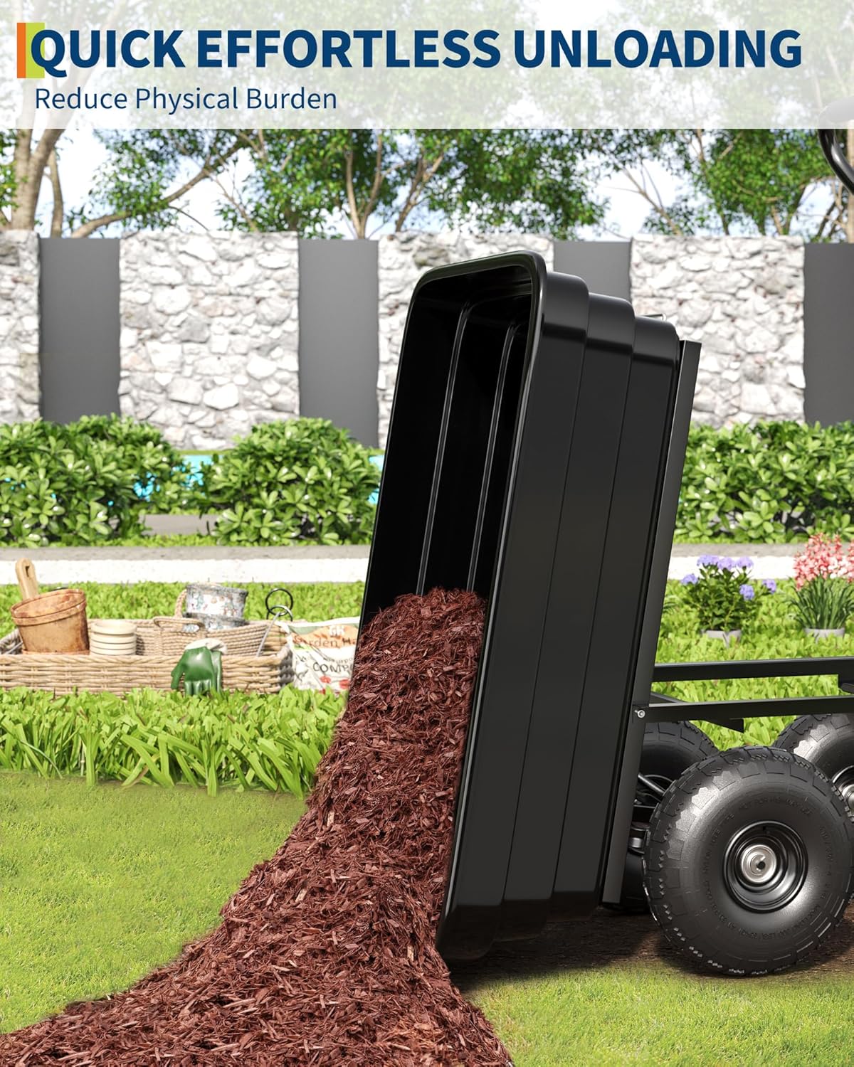 Poly Dump Cart - Heavy Duty 600lbs Garden Cart with Quick-Release Dumping & No-Flat 10" Tires, Utility Wagon for Yard Work, Landscaping, Gardening