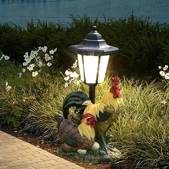 Solar Garden Outdoor Decor Statues Rooster Hen Couple with Light,Outside-Outdoor Decorations Sculptures for Patio Yard Lawn Walkway Ornaments Clearance Gifts for Mom Grandma Birthday