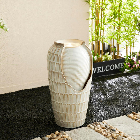 Glitzhome 28.25" H Oversized Ceramic Petals Textured Jar Outdoor Water Fountain, Vintage Sand Beige Glaze Vase Patio Garden Waterfall Fountain with LED Light and Submersible Pump