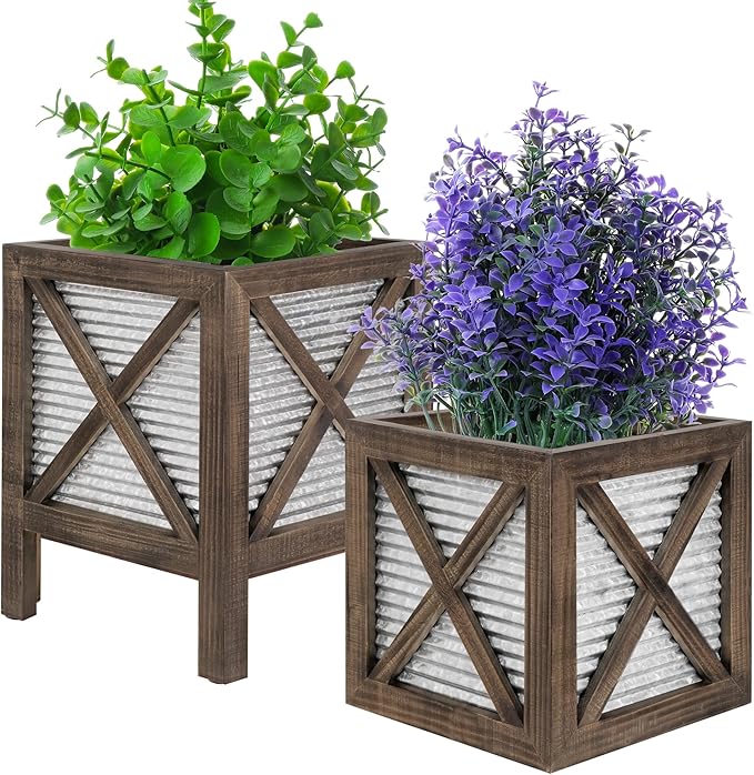 Autumn Alley Farmhouse Front Porch Planters Set of 2 Stand with Galvanized Corrugated Metal Planters for Outdoors/Indoors - Rustic Wood Square Planters Box on Legs – Charming Farmhouse Décor, Brown