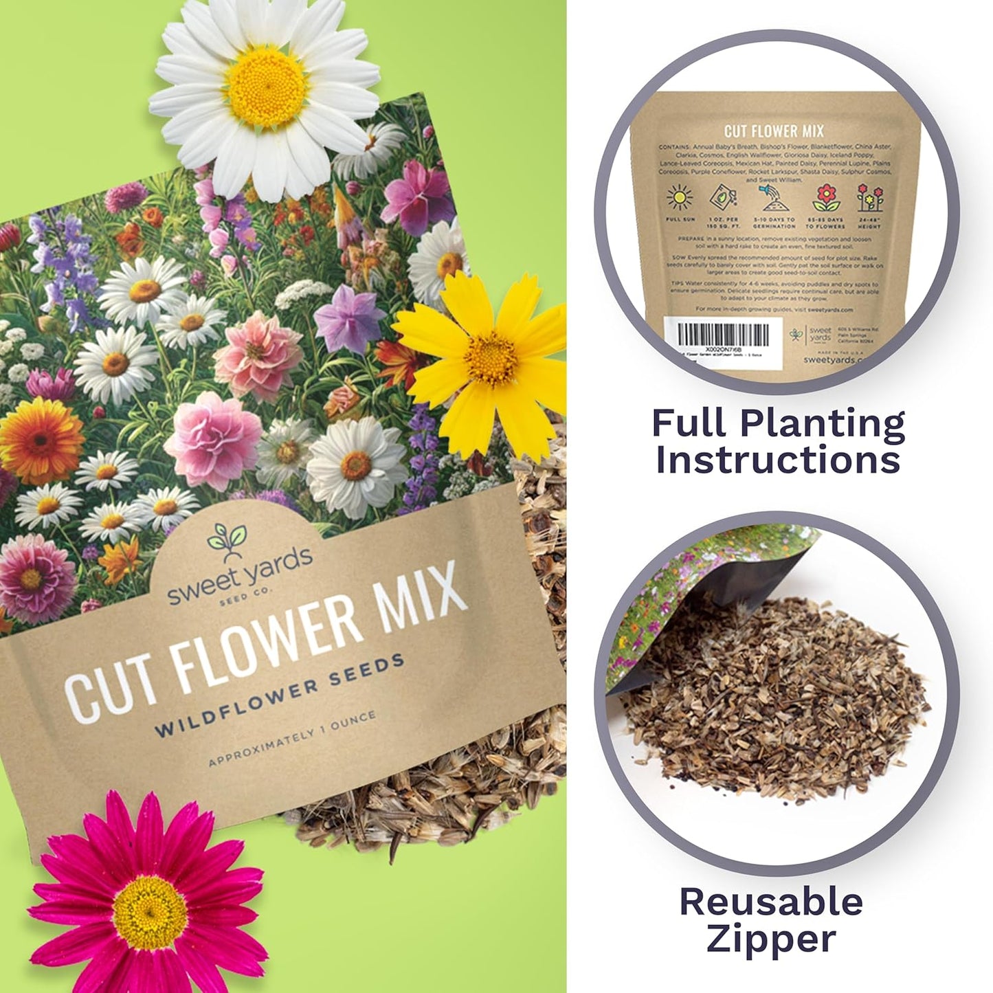 Cut Flower Garden Seeds - Extra Large 1 Ounce Packet - Over 7,500 Fresh Open Pollinated Non-GMO Wildflower Seeds - Long Lasting Annuals and Perennials with Bright Colors