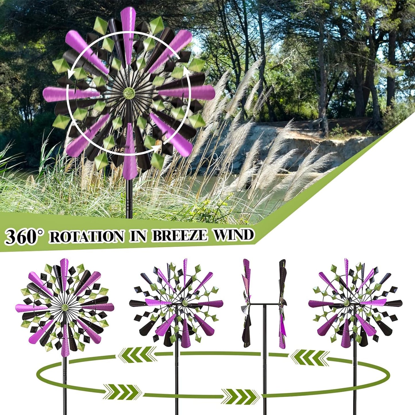Large Wind Spinners Outdoor, 23.6" W x 79.4" H Metal Yard Wind Sculptures, 360 Degrees Kinetic Spinner Windmills Garden Art Decor Pinwheels for Outside Patio Lawn (Purple+Green)