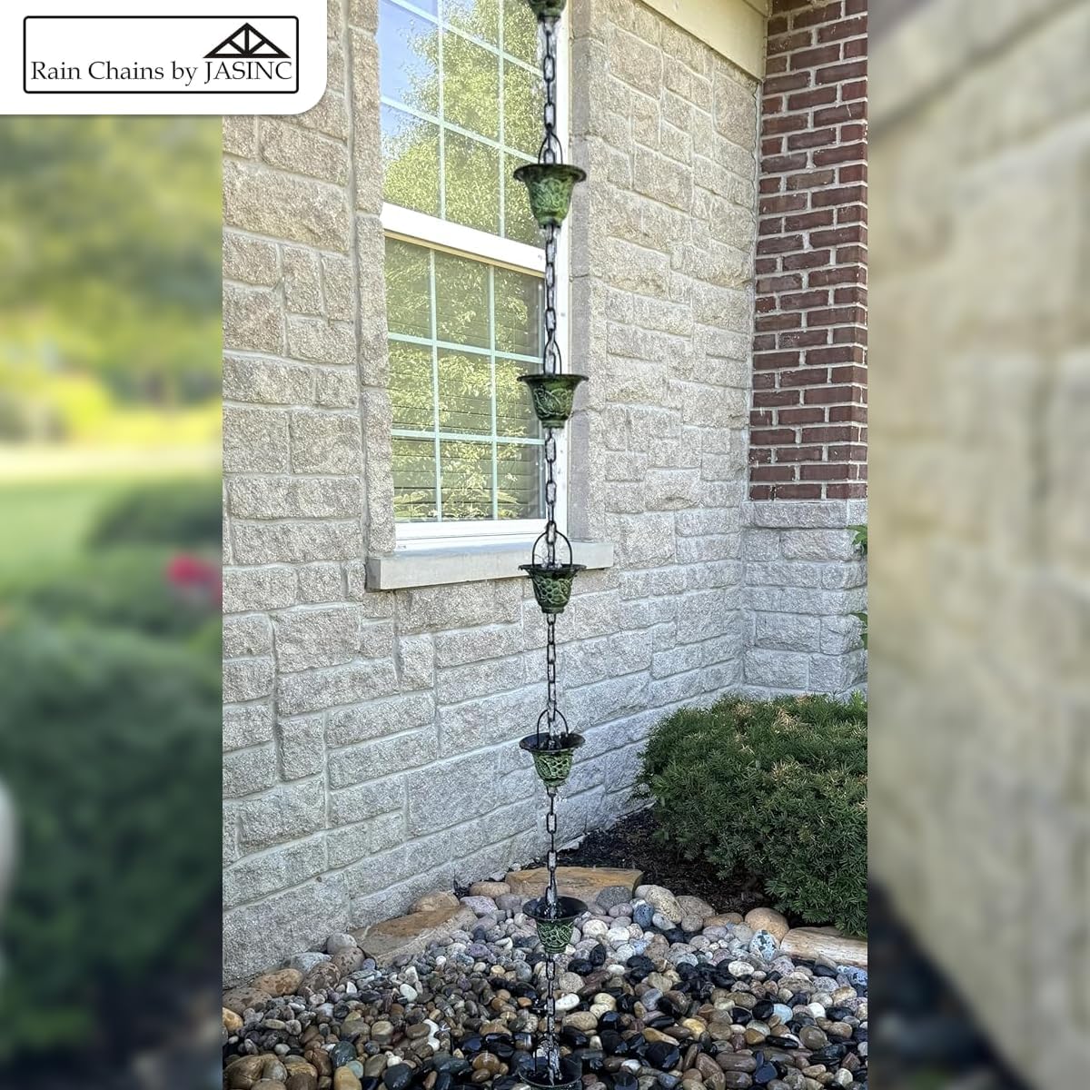 8.5 ft Grape Leaf Vineyard Cups Green Patina, to Replace Roof Gutter Downspout, with Installation Kit, Rainwater Catcher/Water Diverter, JAS8005GN