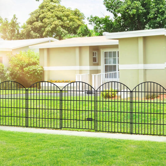 Metal Garden Fence with Gate 36in (H) x 23.3ft (L), 1 Gate+ 9 Panels Dog Fence Border Fence Animal Barrier, No Dig Garden Fencing for Yard Flower Bed Lawn Patio Outdoor, ECG3610, Black